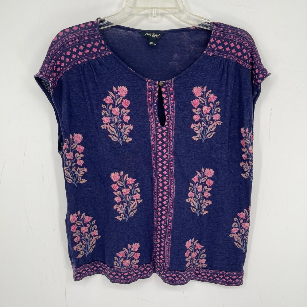 Lucky Brand Women's Blue Floral Linen Blend Short Sleeve Keyhole Boho Top Size L